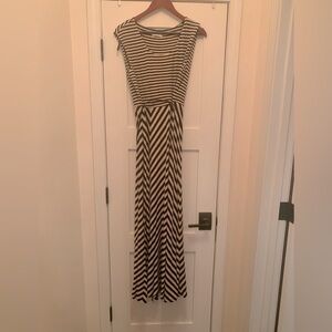 Long, Black and white striped belted fitted dress, size 10